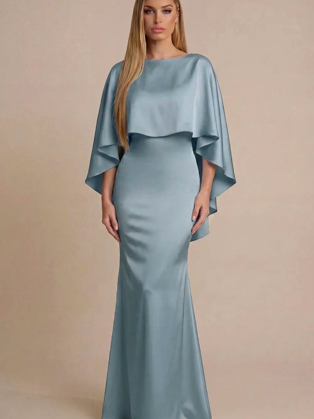 Elegant Light Blue Satin Cape Evening Dress